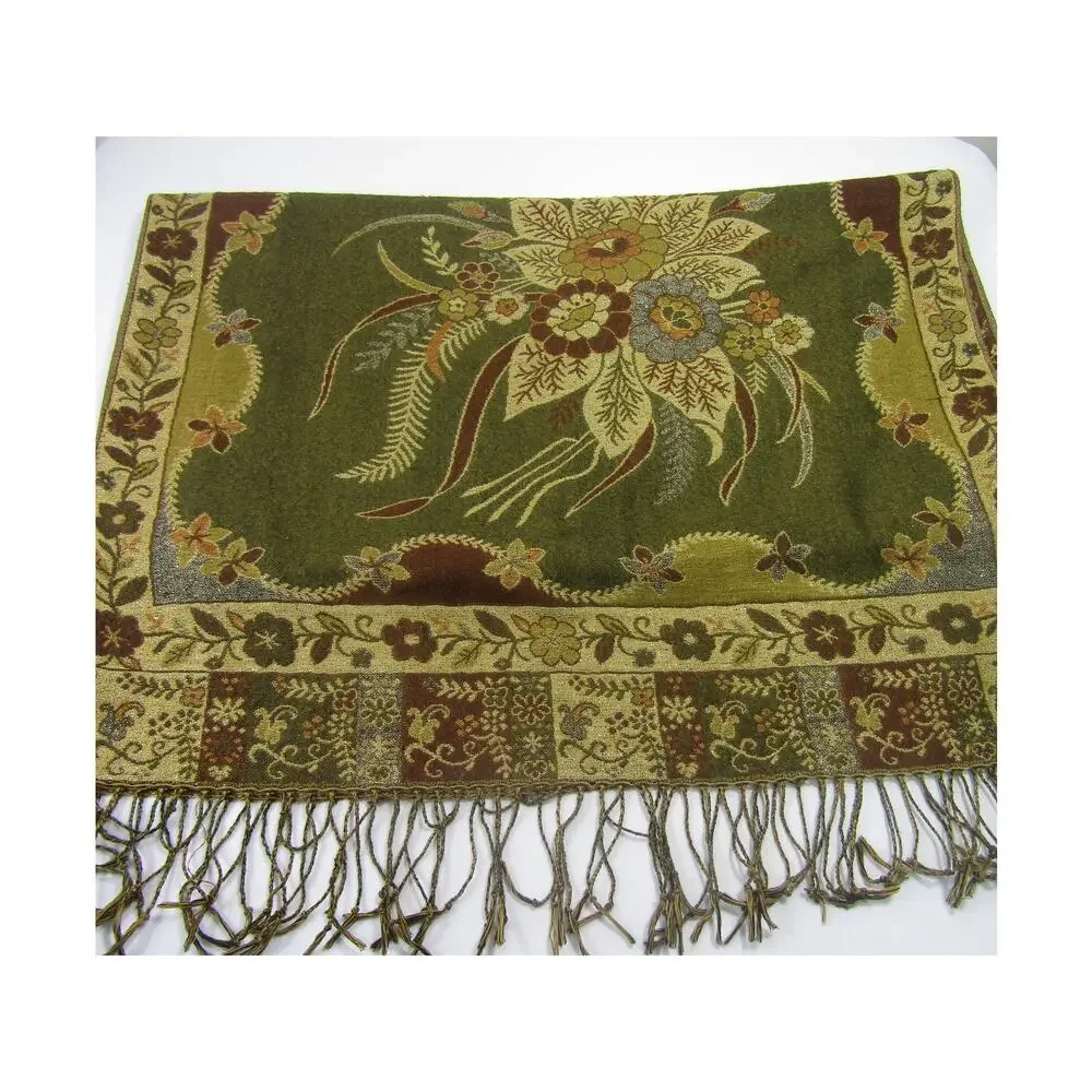 Olive Green Floral Knit Tassel Scarf‎ Wrap Cover Accessories Leaf Elegant Boho